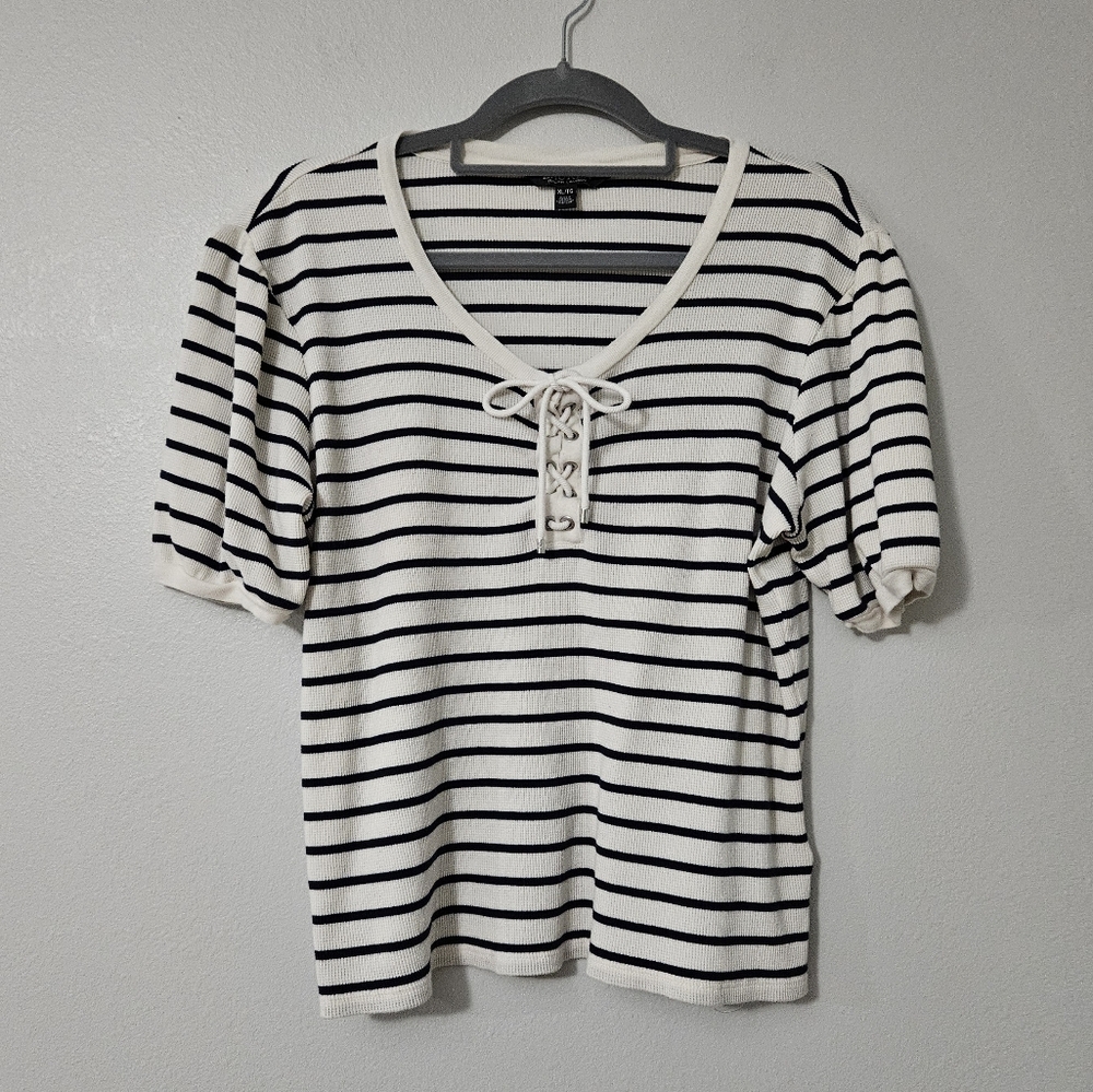 Lauren Ralph Lauren Striped Puff Sleeve V Neck Lace Up Crommet Tie Front Top XL